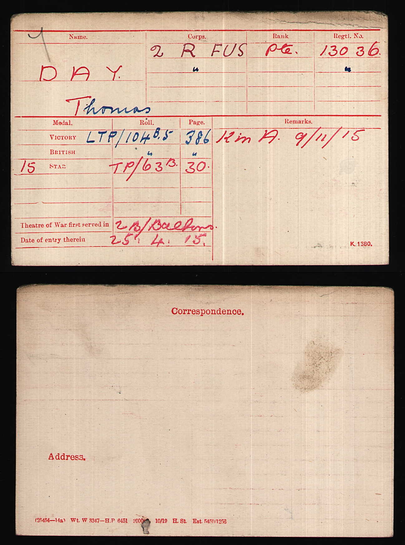 Medal card - Thomas Day